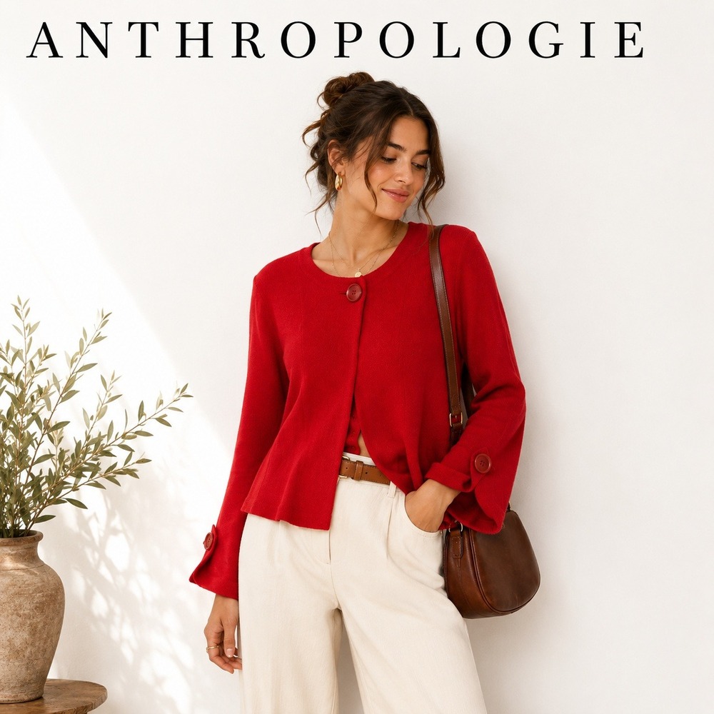 Anthropologie Red Peplum Back Cardigan Sweater Single Button Cuffs Size M